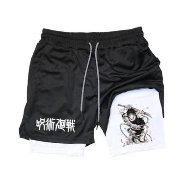 Imagem de Shorts De Corrida Masculinos 2 Em 1 Em Malha Com Estampa De Anime, Cal