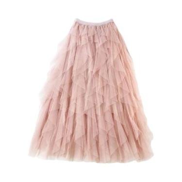 Imagem de Saia Plissada De Tule De Cintura Alta Feminina Longa Maxi Preta Rosa M