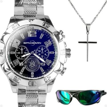 Imagem de relogio aço prova dagua masculino + oculos sol + cordão cruz verde azu