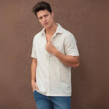 Imagem de Camisa Bordada Cambraia De Linho Masculino Revanche Chemtou, P, Areia