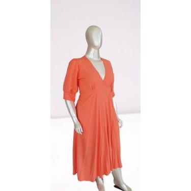 Imagem de Vestido Transpassado Midi Manga Três-quarto na Cor Pêssego com Detalhe