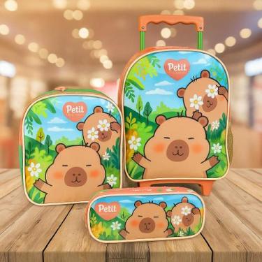 Imagem de Kit Mochila com Rodas + Lancheira + Estojo Infantil Capivara - Petit O
