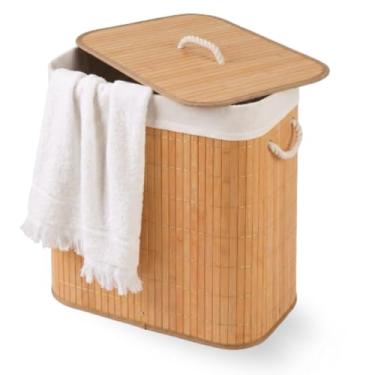 Imagem de Cesto De Roupa Suja com Alças Em Bambu Com Tampa Forrado Banheiro Lavanderia Quarto