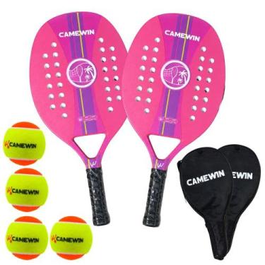 Imagem de Kit 2 Raquetes Beach Tennis Camewin Carbono + 4 Bolinhas, Rosa