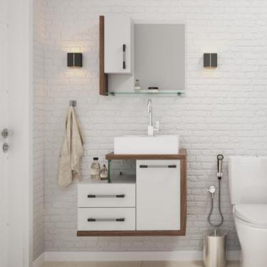 Imagem de Conjunto de Gabinete de Banheiro com Cuba Q39 e Espelheira Wood 2 PT 2 GV Branco e Nogal