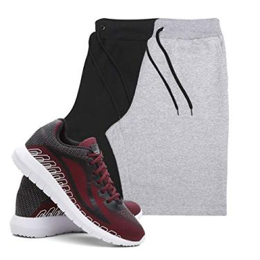 Imagem de KIT 2 BERMUDAS MASCULINA ALGODÃO ACADEMIA + TÊNIS MASCULINO CORRIDA CONFORTO - Preto/Cinza - Vermelho GG/38