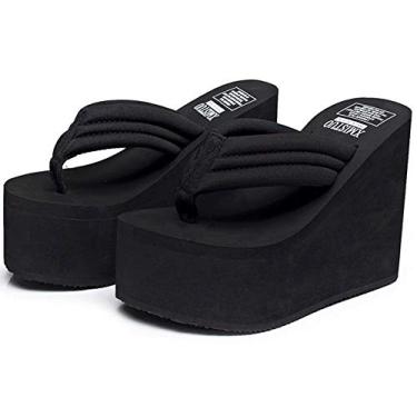 Imagem de QZUnique Chinelo feminino plataforma salto alto sandália de praia moderna de verão, Preto, 4-4.5