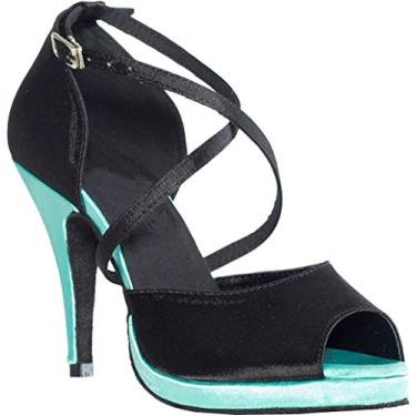 Imagem de Salabobo L032 feminino sexy tango latino cha-cha baile festa de casamento formatura peep toe salto personalizado cetim dança sapatos, Preto, 9.5 US(4IN)
