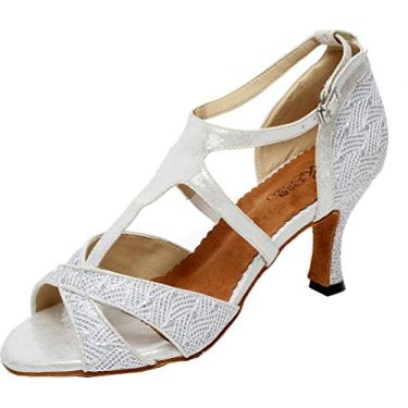 Imagem de Salabobo QQQ-6203 sapato feminino de dança tango Peep Toe salto médio PU tira em T, Branco, 10