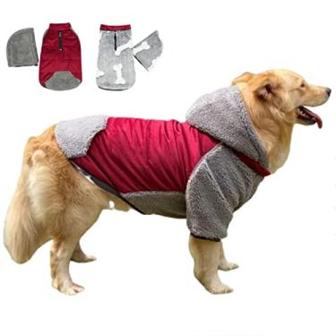 Imagem de Foern Jaqueta para cachorro com capuz, casaco jeans quente com tiras refletoras, botão de pano e zíper para coleira, roupas xadrez para cães pequenos, médios e grandes, vermelho, P: 42 cm/16,5 pol