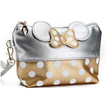 Imagem de Bolsa de mão para maquiagem de couro com desenho animado para viagem, bolsa de cosméticos bonita e portátil (prateada)