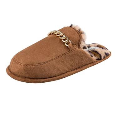 Imagem de Jessica Simpson Pantufa feminina de pelúcia com espuma viscoelástica e sola antiderrapante, Corrente caramelo, Large