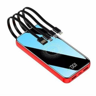 Imagem de Carregador Peining Portátil Power Bank sem fio/por Indução Ultra Rápido 10000mah para 6 dispositivos simultâneos 4 cabos (Lightning, V8, Tipo-C e USB) (Vermelho)