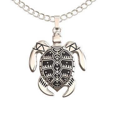 Imagem de Colar de tartaruga marinha Happy Kisses para mulheres – Tribal/Pingente nativo preto e prata – Cartão de mensagem fofo sobre flutuar no mar – Ótimo presente para meninas e crianças – Corrente de 46 cm