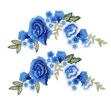 Imagem de Par de Patches de Rosa Azul Patch de Flores Flores de Rosa Azul Bordado Ferro Em Aplique Patches Costurar Patch Applique para Camisetas Bolsas