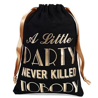 Imagem de Cytdkve Sacos de lembrancinha de casamento de folha dourada kit de ressaca de despedida de solteira sacos de cordão para presentes de dama de honra (10 peças, preto, 5 x 7 polegadas, uma pequena festa nunca matou ninguém mais)