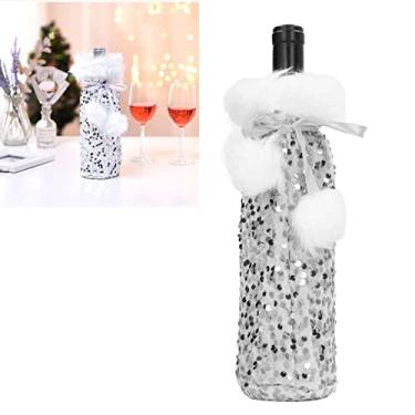 Imagem de Capa de Garrafa de Natal, Envoltório Com Tema Europeu para Festa Com Glitter Capa de Garrafa de Vinho de Natal Decorativa de Férias Suportes de Cozinha de Poliéster Decorações Brilhantes Desenhar (Prata)
