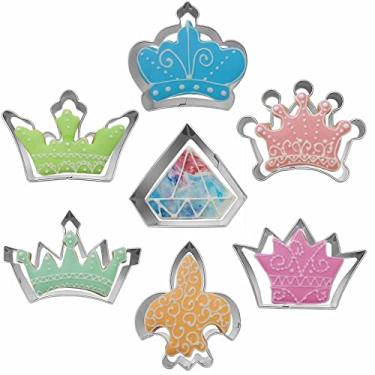 Imagem de Conjunto de 7 peças, cortador de biscoito de aço inoxidável série coroa design conjunto de moldes de cortador de biscoito, molde de fondant de bolo de pastelaria, ferramenta de cozinha para assar DIY (coroas 5 peças + íris 1 peça + diamante 1 peça)