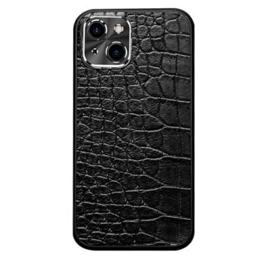 Imagem de HAZARA Capa de couro genuíno para iPhone 15 Pro Max/15 Pro/15 Plus/15, capa de telefone luxuosa com textura de barriga de crocodilo, capa resistente a arranhões, 15Plus