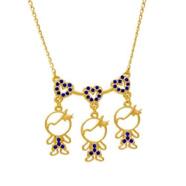 Imagem de Colar de Filhos com Três Meninos e Cristais Azuis Folheado em Ouro 18K Softjoias