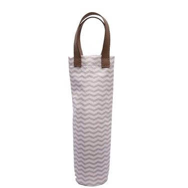 Imagem de Saco/sacola de Lona Chevron Cinza Para Garrafa de Vinho Com Manta Termica e Alca Em Couro Cinza
