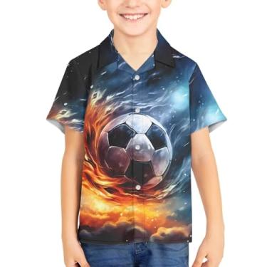 Imagem de Camisetas havaianas de manga curta tropicais com botões de botão unissex para verão para crianças de 3 a 16 anos, Flame Soccer, 13-14 Years