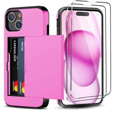 Imagem de Benbenjaytek Capa carteira para iPhone 15 Plus com suporte para cartão + 2 películas de vidro temperado, camada dupla à prova de choque com compartimento oculto para cartões, capa fina feminina e masculina de 6,7 polegadas (rosa rosa)