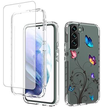Imagem de Vavies Capa para Galaxy S22 Plus/S22+ 5G SM-S906U com protetor de tela de vidro temperado, capa de telefone transparente com proteção floral para Samsung Galaxy S22 Plus 5G (árvore borboleta)