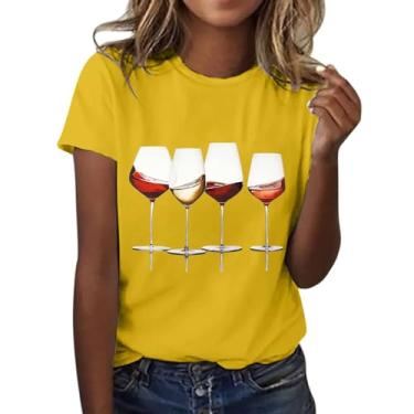 Imagem de PKDong Camisetas femininas estampadas com estampa de taça de vinho de manga curta para mulheres 2024, Amarelo, P