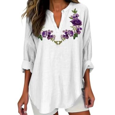 Imagem de PKDong Camiseta feminina de conscientização de Alzheimer, estampa floral, roxa, estampa floral, camiseta com gola V, camisetas de verão para mulheres, Branco, M