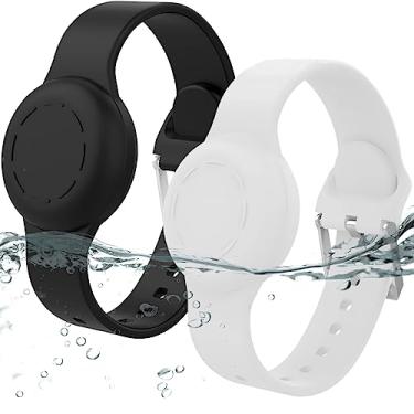 Imagem de Pulseira impermeável para crianças, pulseira de silicone compatível com Apple Air Tag, capa com suporte oculto para rastreador GPS, antiperda, ajustável, para crianças pequenas (pacote com 2, preto e