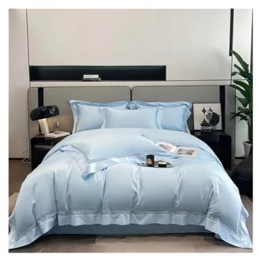 Imagem de Jogo de cama luxuoso macio escovado, branco liso, borda vazada, conjunto de capa de edredom de algodão egípcio Queen King Size, conjunto de cama (azul King)