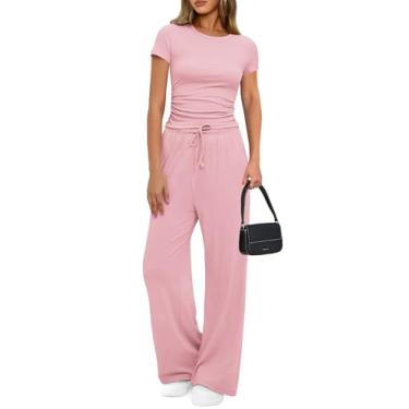 Imagem de PRETTYGARDEN Conjunto feminino de 2 peças, conjunto de agasalho de verão, manga curta, cropped de cintura alta, calça larga, rosa, X-Small