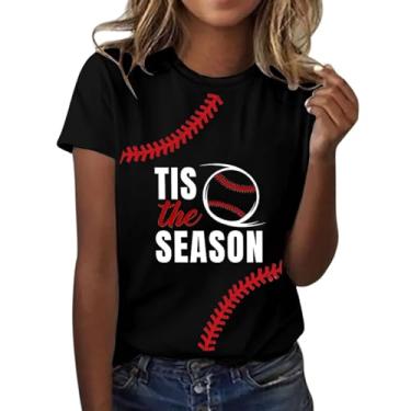 Imagem de Camiseta feminina de verão, gola redonda, manga curta, camiseta divertida de beisebol, estampada, túnica casual de ajuste solto, Preto, M