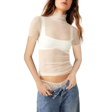 Imagem de Camiseta feminina de malha transparente de manga curta com gola redonda de renda floral transparente, Ponto branco, GG