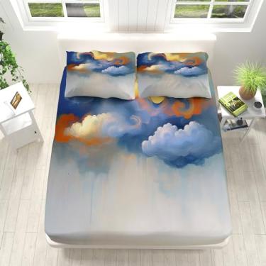 Imagem de Jogo de cama Queen branco azul dourado nuvens abstratas microfibra 40,6 cm com bolsos profundos, lençol de cima com 2 fronhas para meninas, meninos e crianças