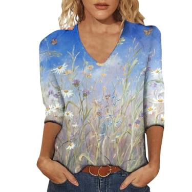 Imagem de Camiseta feminina gola V manga 3/4 estampa floral moderna camiseta casual moda túnica camisa para sair, Azul-celeste, G