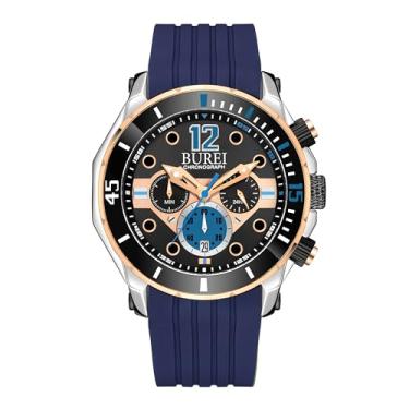 Imagem de BUREI Relógio masculino azul cronógrafo multifuncional pulseira de silicone moda à prova d'água casual relógio masculino analógico de quartzo com calendário, Ouro rosa, azul escuro