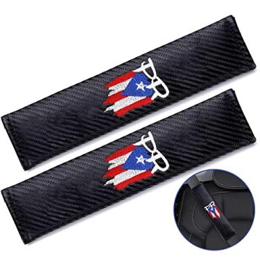 Imagem de Hangoo 2 peças capas de cinto de segurança almofadas de ombro para PR Porto Rico, acessórios de carro, logotipo bordado couro preto almofadas de cinto de segurança almofada de cinto de segurança (PR