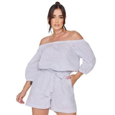 Imagem de Conjunto Feminino Tecido Social Alfaiataria Shorts e Blusa Ciganinha Manga 3/4 Risca de Giz VL0606-Feminino