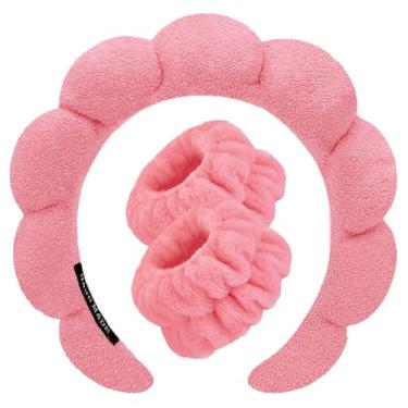 Imagem de Conjunto de faixas de cabelo de spa para lavar o rosto, esponja, maquiagem, cuidados com a pele, toalhas de pulso, toalha felpuda com bolhas, pano macio, faixa de cabelo para mulheres, acessório para