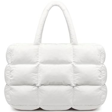 Imagem de BTOOP Sacola feminina acolchoada grande com zíper, bolsa leve e fofa para trabalho, viagem, loja, academia, Branco, Puffy
