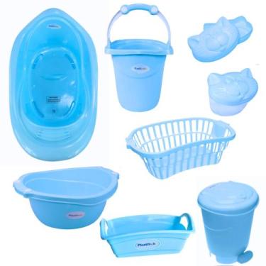 Imagem de Kit banho bebe 8 peças banheira balde bacia lixeira organizador cesto 