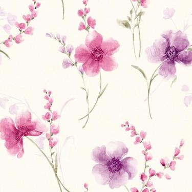 Imagem de Papel De Parede Para Quartos E Sala Floral Ramos Em Rosa E Roxo - PAPE