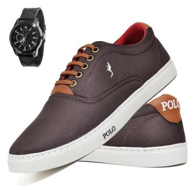 Imagem de Kit Tênis Casual Masculino Lona + Relógio Analógico - Polo Blu, 46, Ma