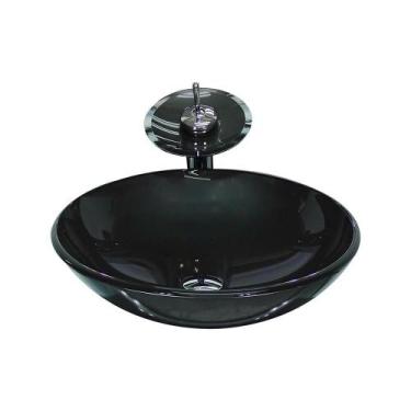 Imagem de Cuba Vidro Redonda 42Cm Preta + Válvula + Torneira Cascata - Cubas E G