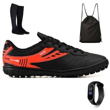 Imagem de Chuteira Futebol Society Couro Campo Grama Sintetica + Mochila + Meião