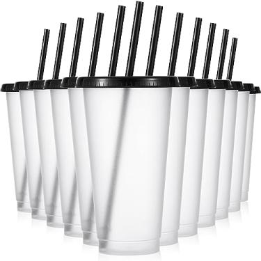 Imagem de Mifoci Copo de plástico com 12 peças com tampas e canudos, copos de plástico reutilizáveis, copo de caneca com canudo e tampa, copo gelado para beber para batido de água, festa de aniversário (preto, 680 g)