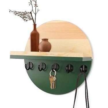 Imagem de Gurfuy Porta-chaves para parede com prateleira – Organizador de correio de madeira e rack com ganchos de prateleira montado na parede para decoração de entrada, revistas, armazenamento de cartas, casa de fazenda, sala de estar, quarto, porta, verde
