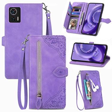 Imagem de Monwutong Capa carteira de celular com design de armazenamento com zíper para Motorola Edge 30 Neo, capa de couro com toque agradável à pele com fecho magnético e coldre para vários cartões para Moto